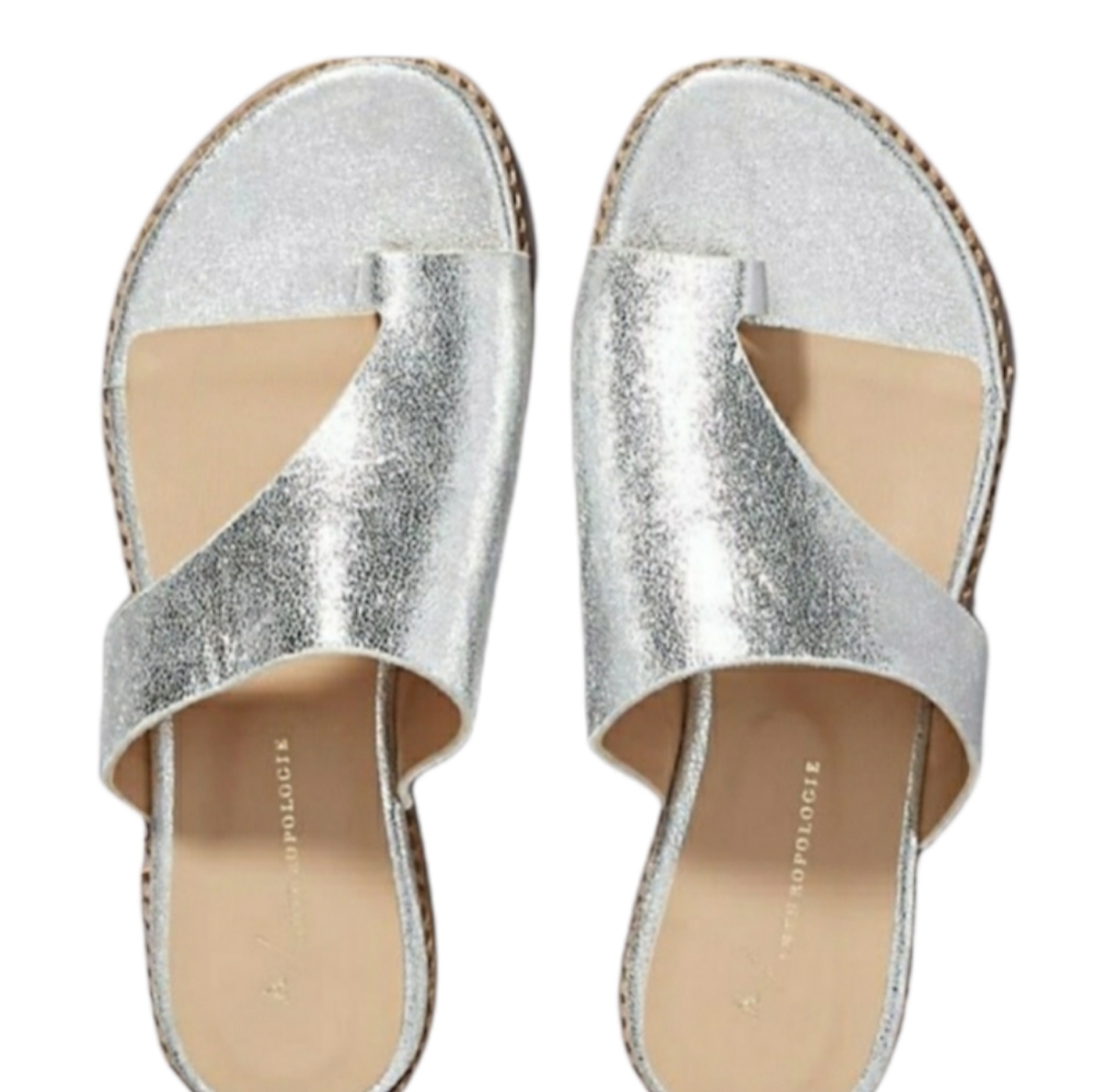 New Anthropologie Ashley Leather Slide Sandals, Silver Metallic